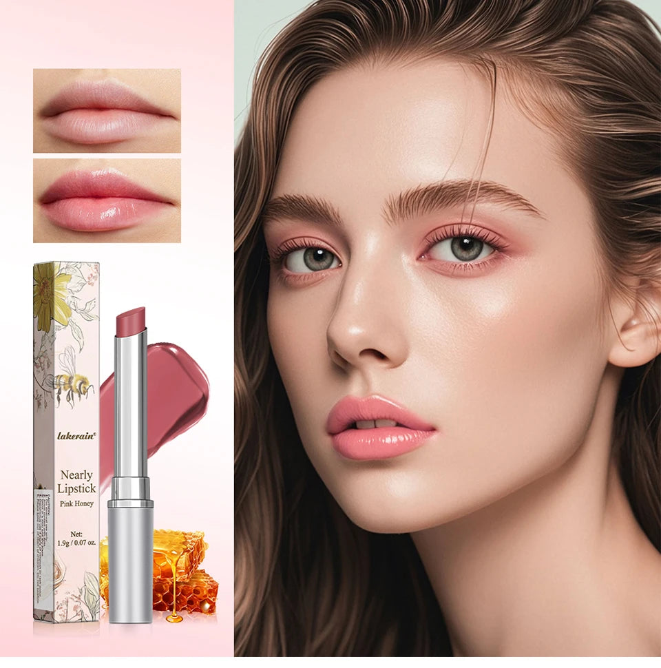 Lakerain pink honey nourishing lipstick with a glossy, plumping, non-stick finish for smooth, hydrated lips.