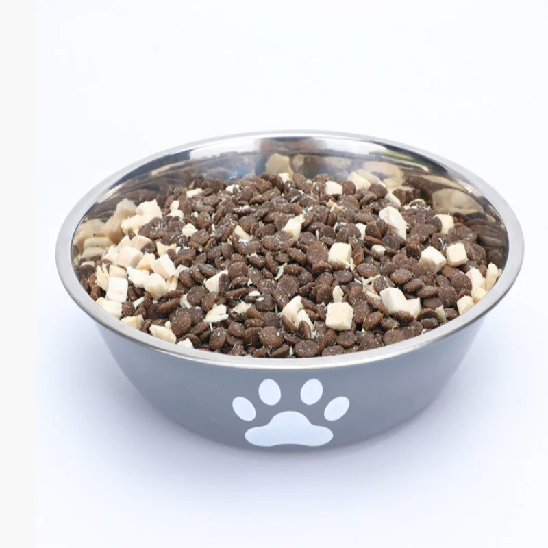 Large capacity anti-rust stainless steel dog bowl in grey with paw print, ideal for spill-proof pet feeding.