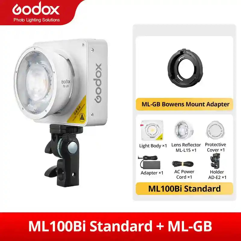 ML100Bi LED light with Bowens adapter, reflector, protective cover, power cord, and mounting holder.