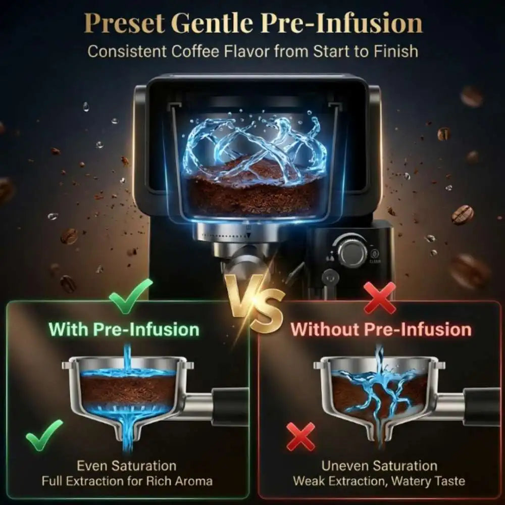 Black espresso machine showing pre-infusion cycle for even coffee grounds saturation compared to uneven extraction.