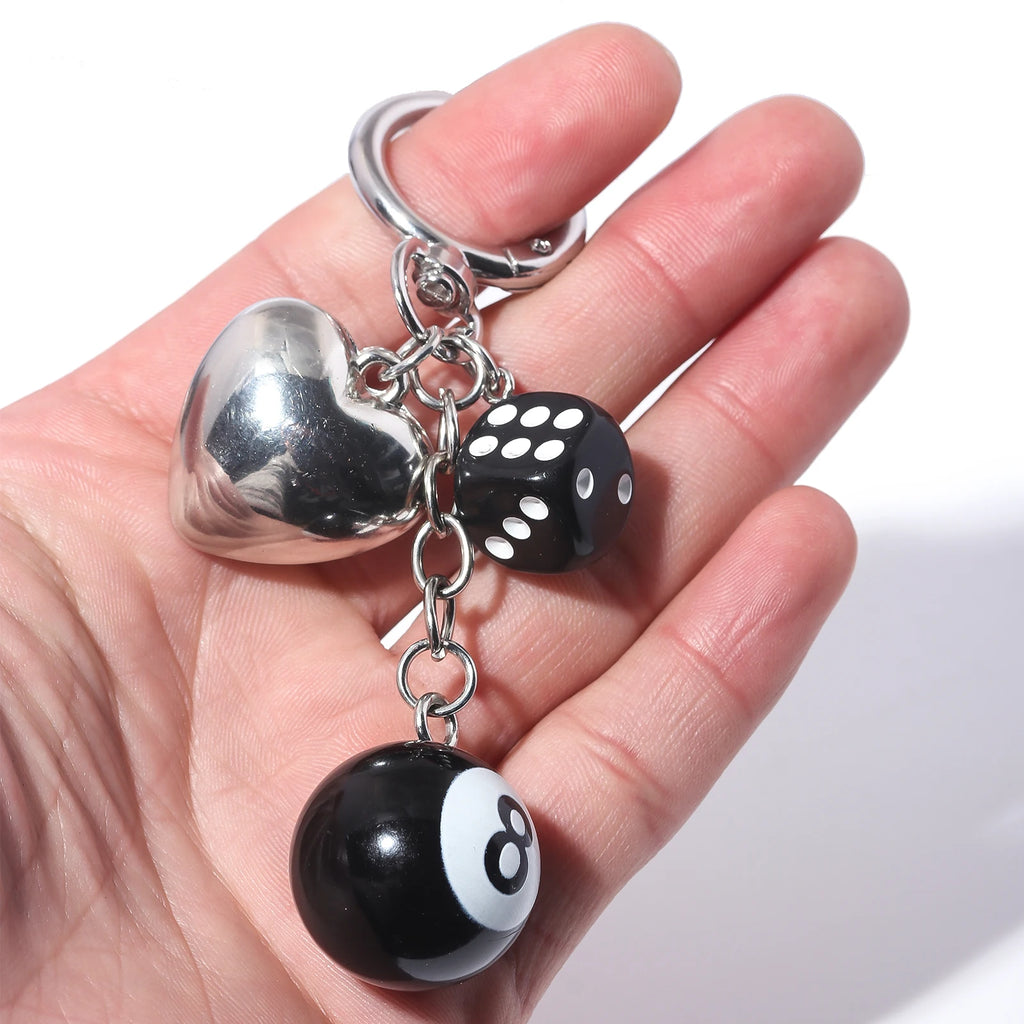 Punk Hiphop Black Dice No. 8 Billiards Keychain Y2K Pink Lucky Dice Starburst Pendant Bag Charms Hangings Ornament Accessories