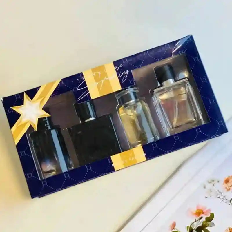 BOOS Landmark Men's 4pc EDP Gift Set: High-end square glass cologne bottles in an elegant blue and gold box.