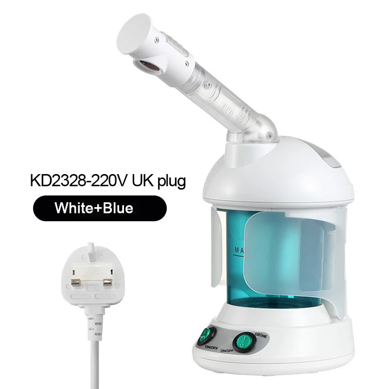 White and blue facial steamer for home spa with adjustable nozzle, ozone function, and UK plug for deep pore cleaning.
