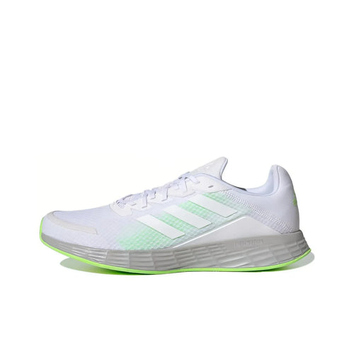 Adidas Duramo SL white and green low-top running sneakers with breathable mesh upper and Lightmotion foam midsole.