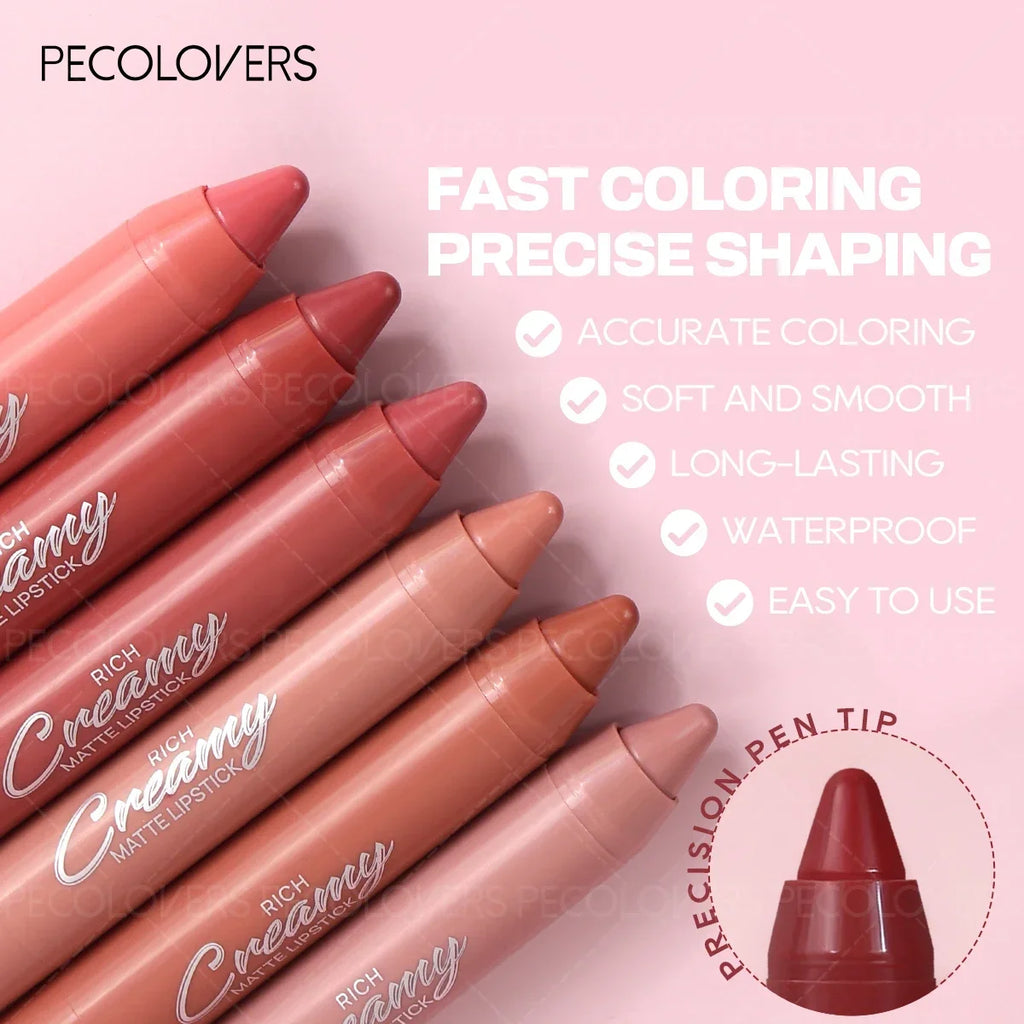 Soft matte lip crayon set in nude and pink shades, featuring a precise pencil tip for smooth, long-lasting lip makeup.