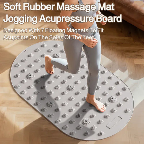 Multifunctional liquid silicone foot massage pad, smart yoga mat with magnetic acupressure, side angle view.