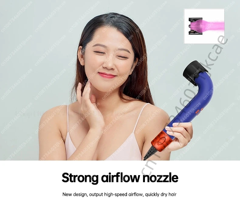 Blue negative ion leafless hair dryer with styling nozzle for fast professional hair care and drying.