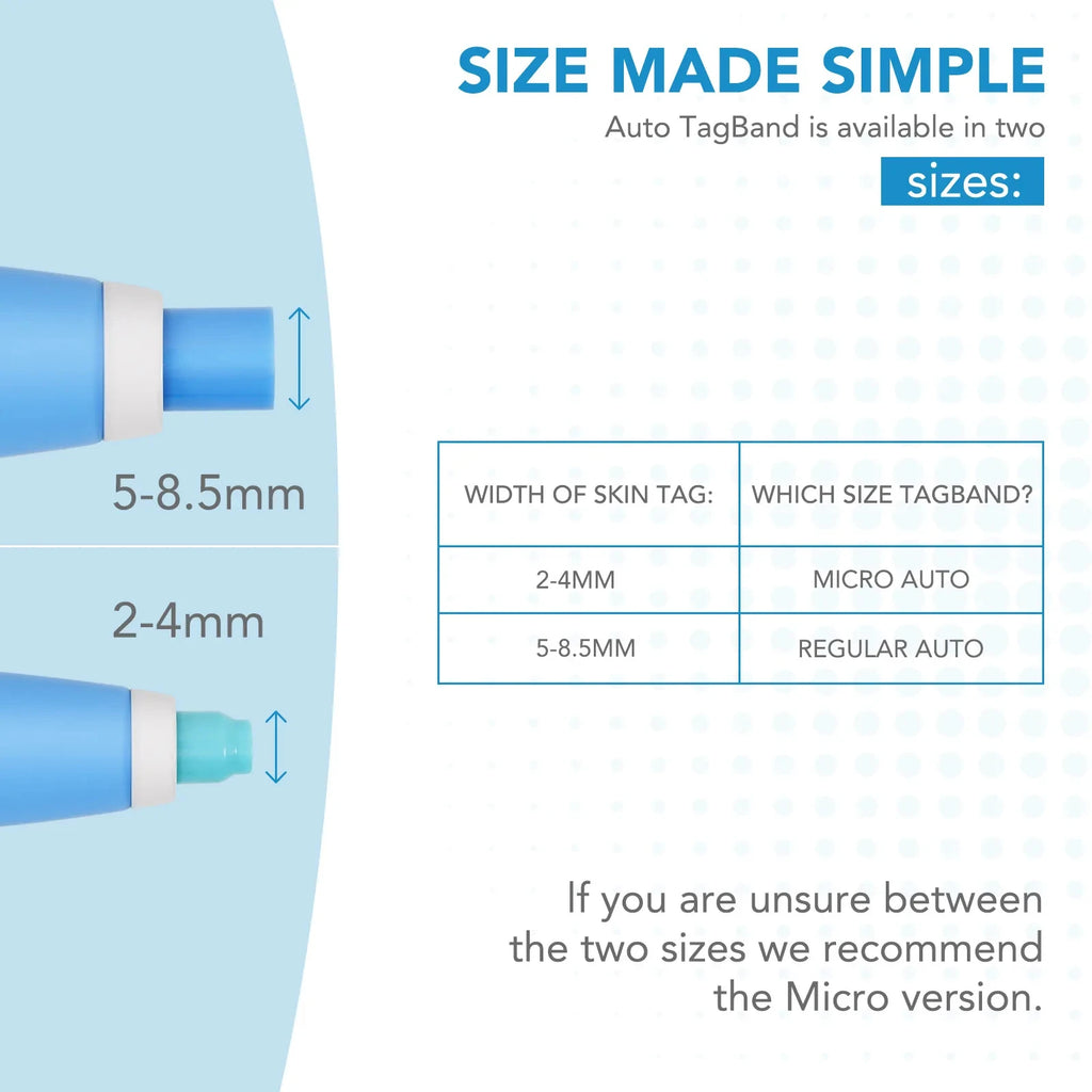 2-in-1 auto skin tag remover kit size guide showing micro and regular blue applicator heads for 2-8.5mm warts.