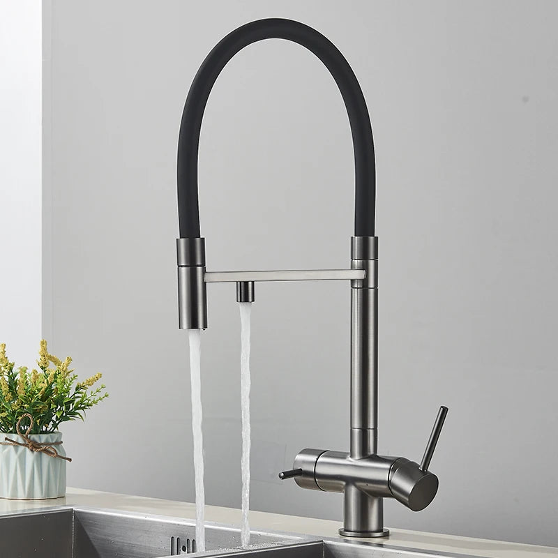 Filtered Kitchen Faucets Dual Spout Filter Faucet Mixer Pull Out Spray 360 Rotation Water Purification 3 Ways Sink Mixer Kitchen