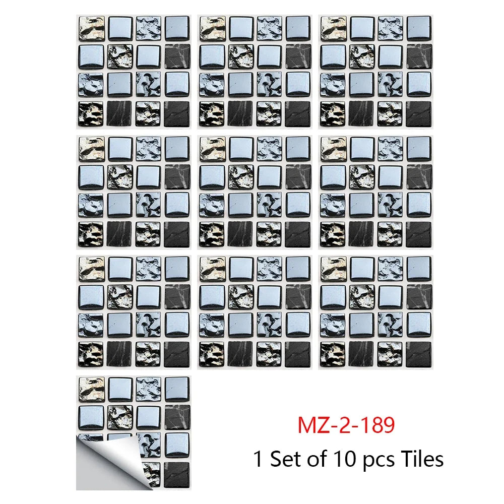 Mosaic tile sticker set with black and white square tiles, speckled accents, peel-and-stick