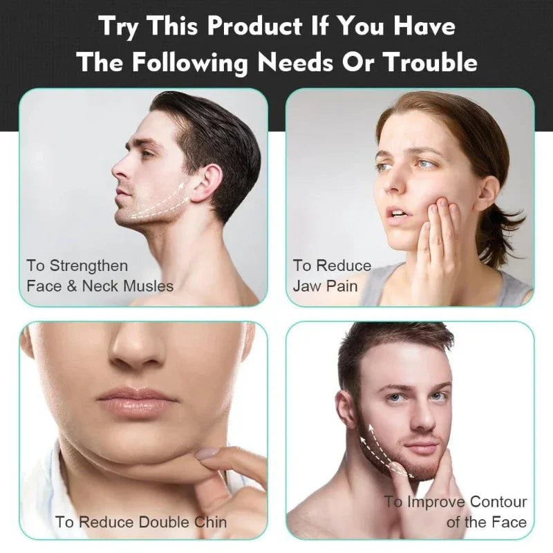 Four panels showing people using facial exercises to strengthen neck muscles, reduce jaw pain, and tone the chin area.