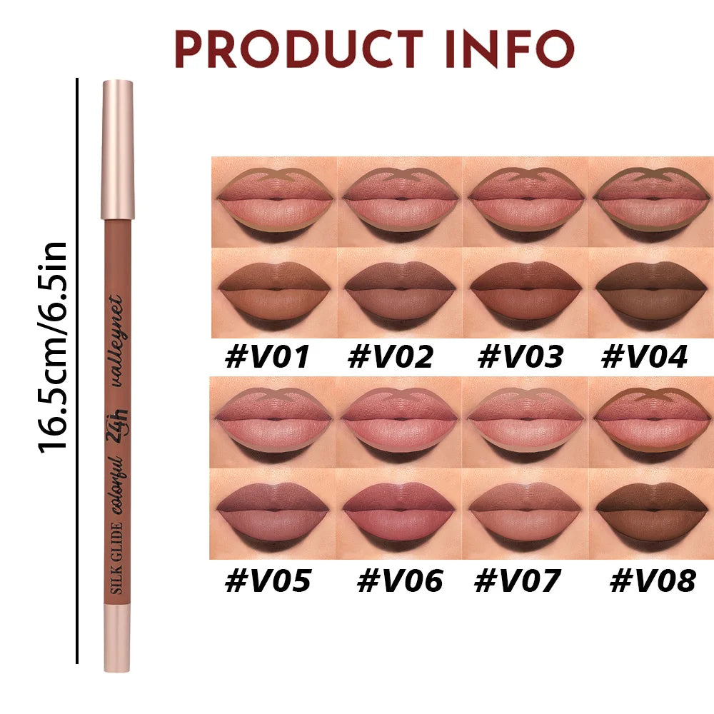 Set of 4 brown matte lip liners. Highly pigmented, long-lasting velvet finish with creamy waterproof formula.