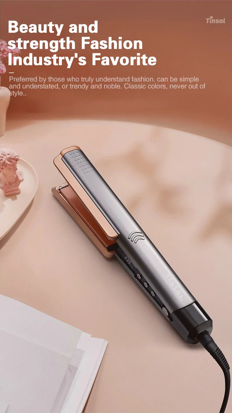 TINSOL 2-in-1 professional hair straightener and curling iron with LCD display, sleek gray and rose gold design.