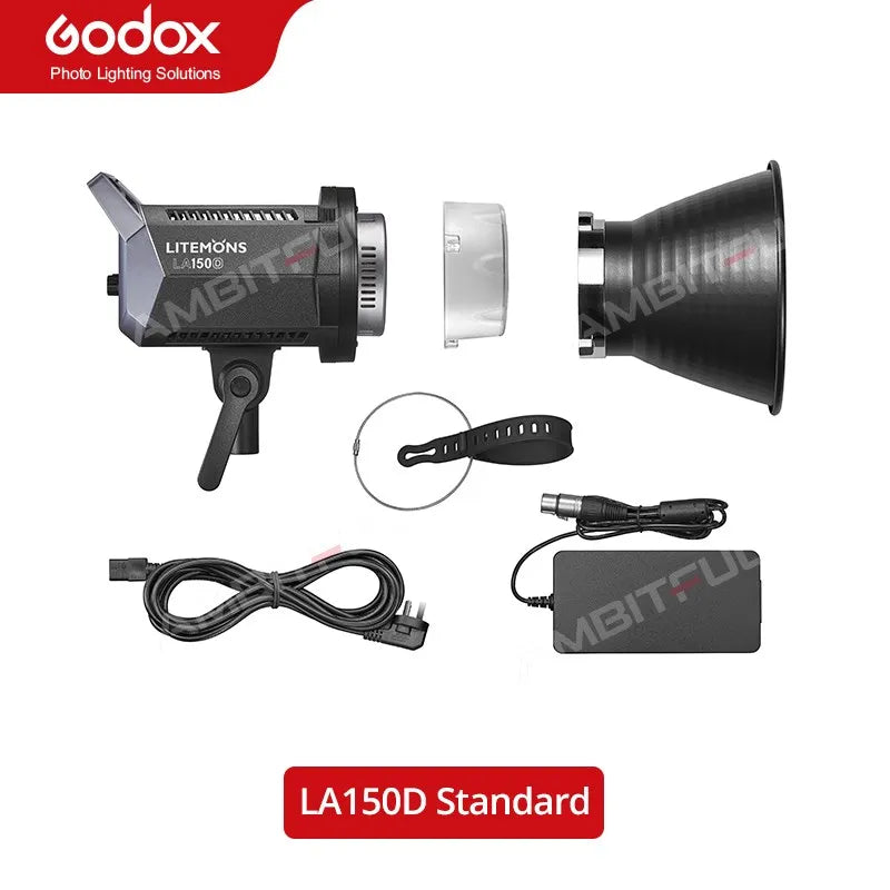 Litemons LA150D LED light kit includes a black lamp head, protective cover, reflector, power adapter, and cables.
