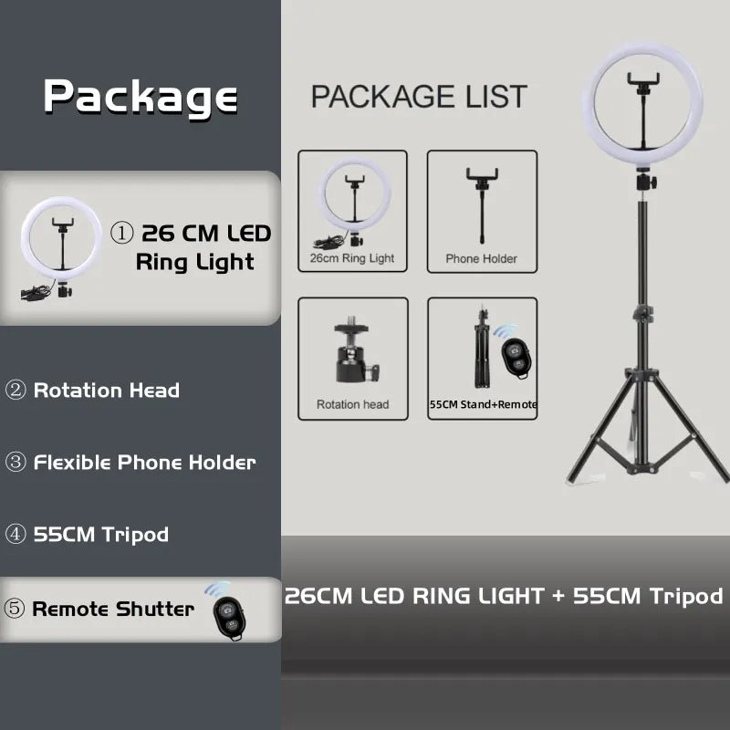 LED Ring Light with Stand 12-Inch | Adjustable Content Creation Lighting 10in Ring BK55cm Tidesmit