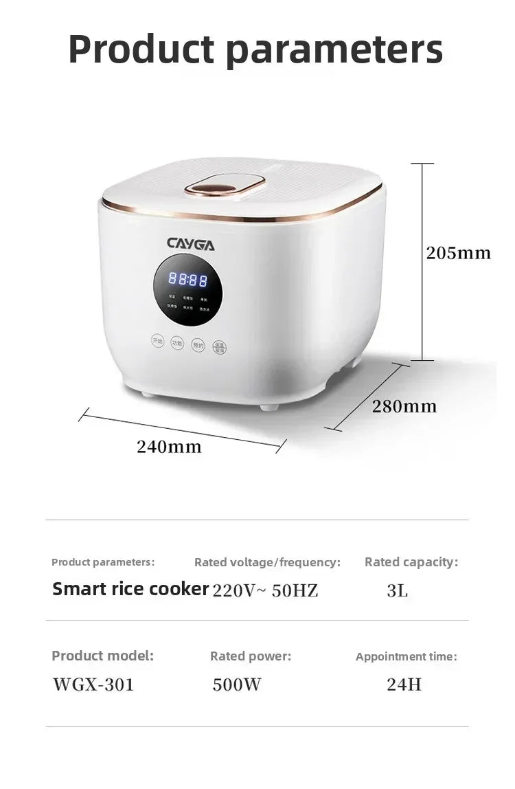 White 3L rice cooker dimensions diagram with digital display and control buttons
