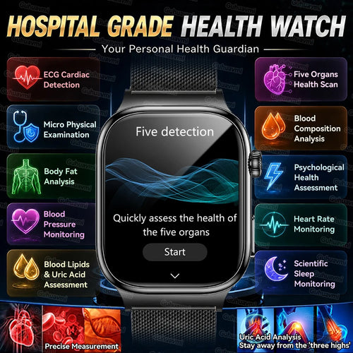 Black smartwatch with five health detection display and heart rate monitoring icons