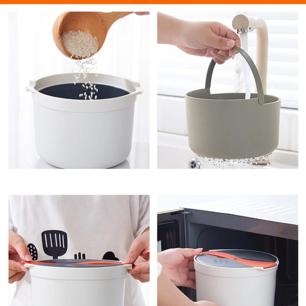 Microwave rice steamer pot shown filling and carrying with lid on.