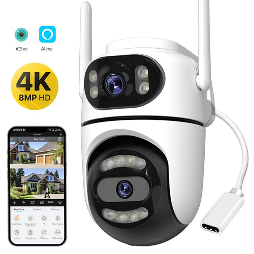 White dual-lens PTZ Wi-Fi security camera with two rotating camera modules and antennas