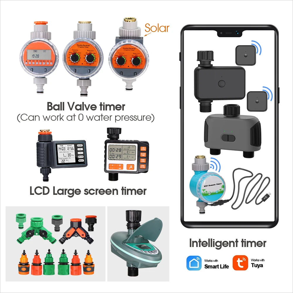 Solar smart timer watering kit with LCD screen, ball valve timer, and multiple connectors