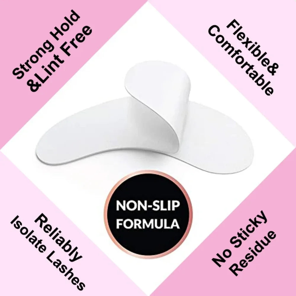 White, lint-free gel under-eye patches for professional eyelash extensions. Flexible, non-slip, residue-free pads.