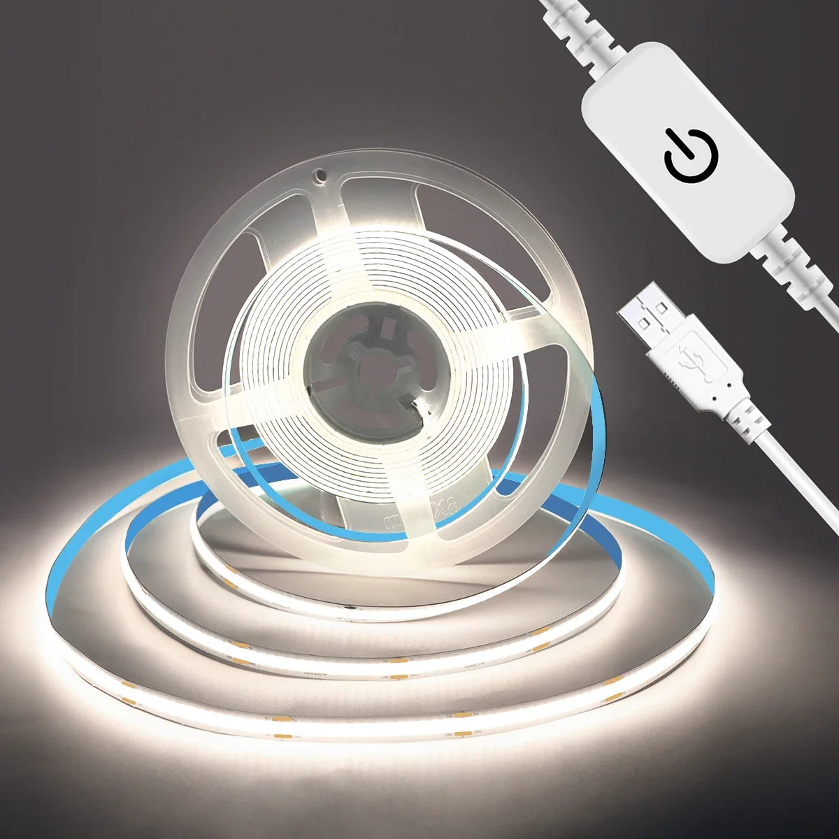 Natural white COB LED strip on reel with touch dimmer inline power switch