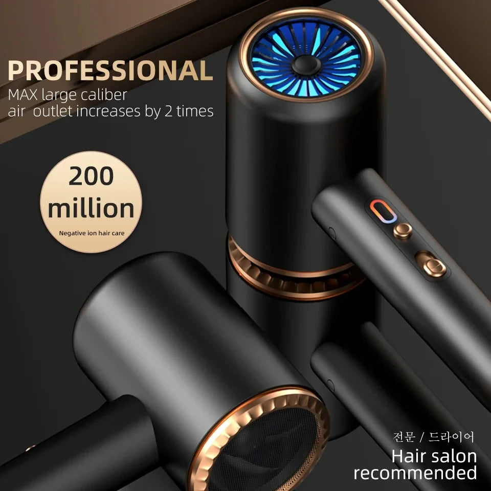 F33 high-speed matte black professional hair dryer with gold trim, blue LED turbine, and negative ion technology.