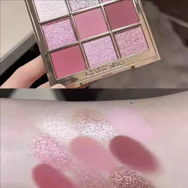 Tidesmit 9 color rose pink eyeshadow palette matte and glitter shimmer shade swatch for face makeup beauty looks