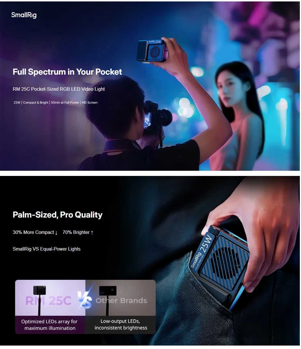 RM 25C pocket-sized black RGB LED video light with a built-in cooling fan, held in a hand for portable photography.