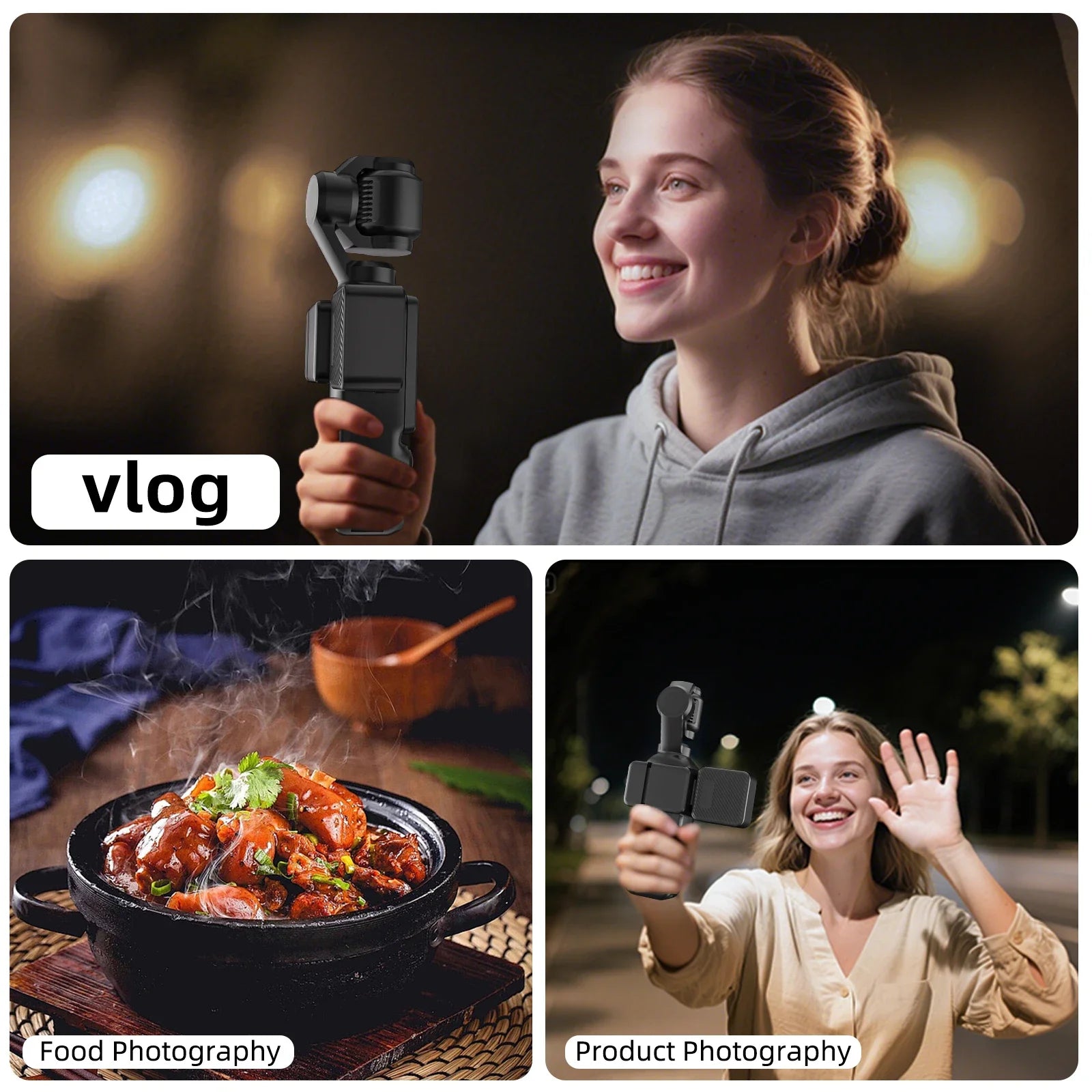 Compact black handheld gimbal camera with a rotating head for vlogging, food, and product video recording.