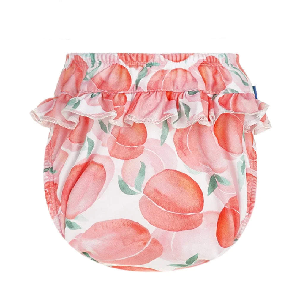 Baby care diaper cover with a ruffled waist and watercolor peach print pattern.