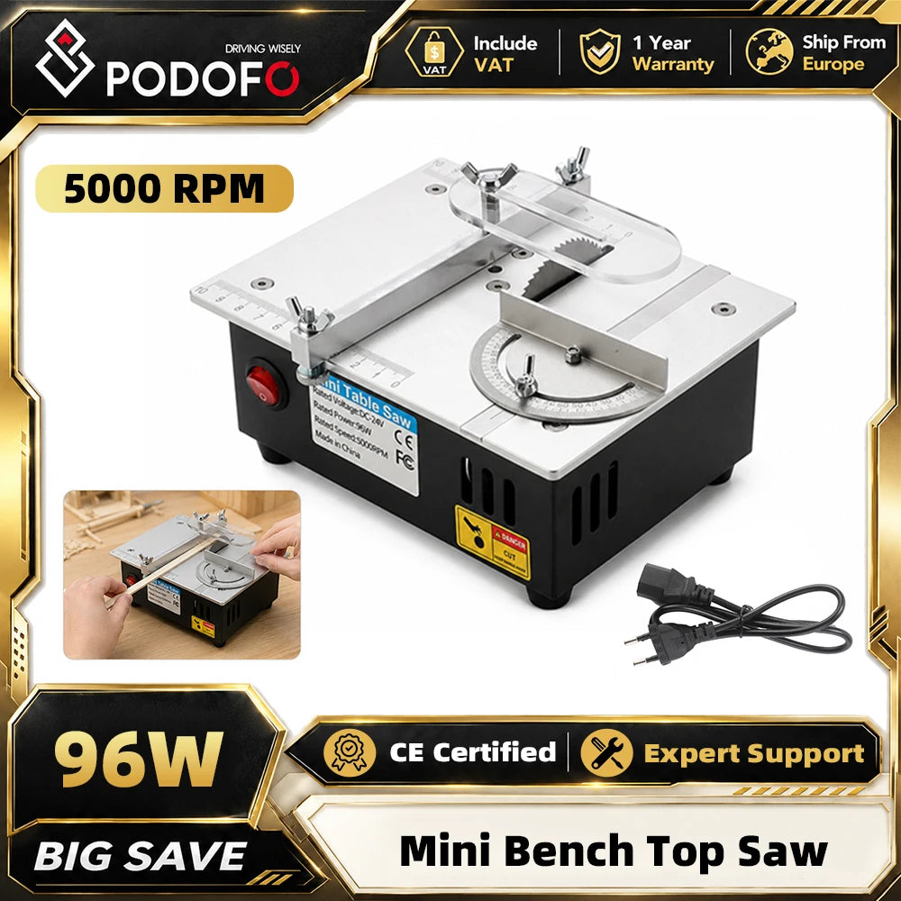 Podofo 96W 5000RPM Mini Circular Table Saw 2.5 Inch Multifunctional Desktop Electric Bench Saw Household DIY Woodworking Cutting Tool with 63mm Blade For PCB Substrate Acrylic Plate Copper Tube Model Craft Making
