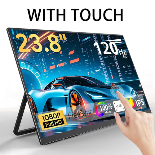 Portable touchscreen computer monitor with stand, angled view; hand touching the screen.