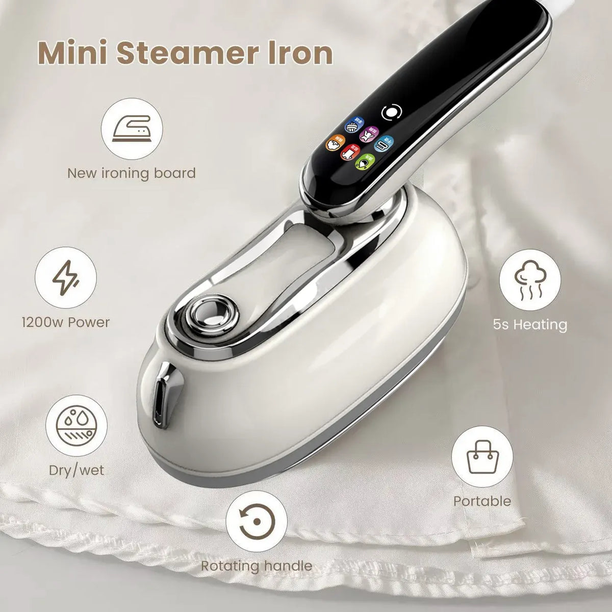 Mini steamer iron with white body, rotating black handle, and icons highlighting 1200w power and 5s heating.