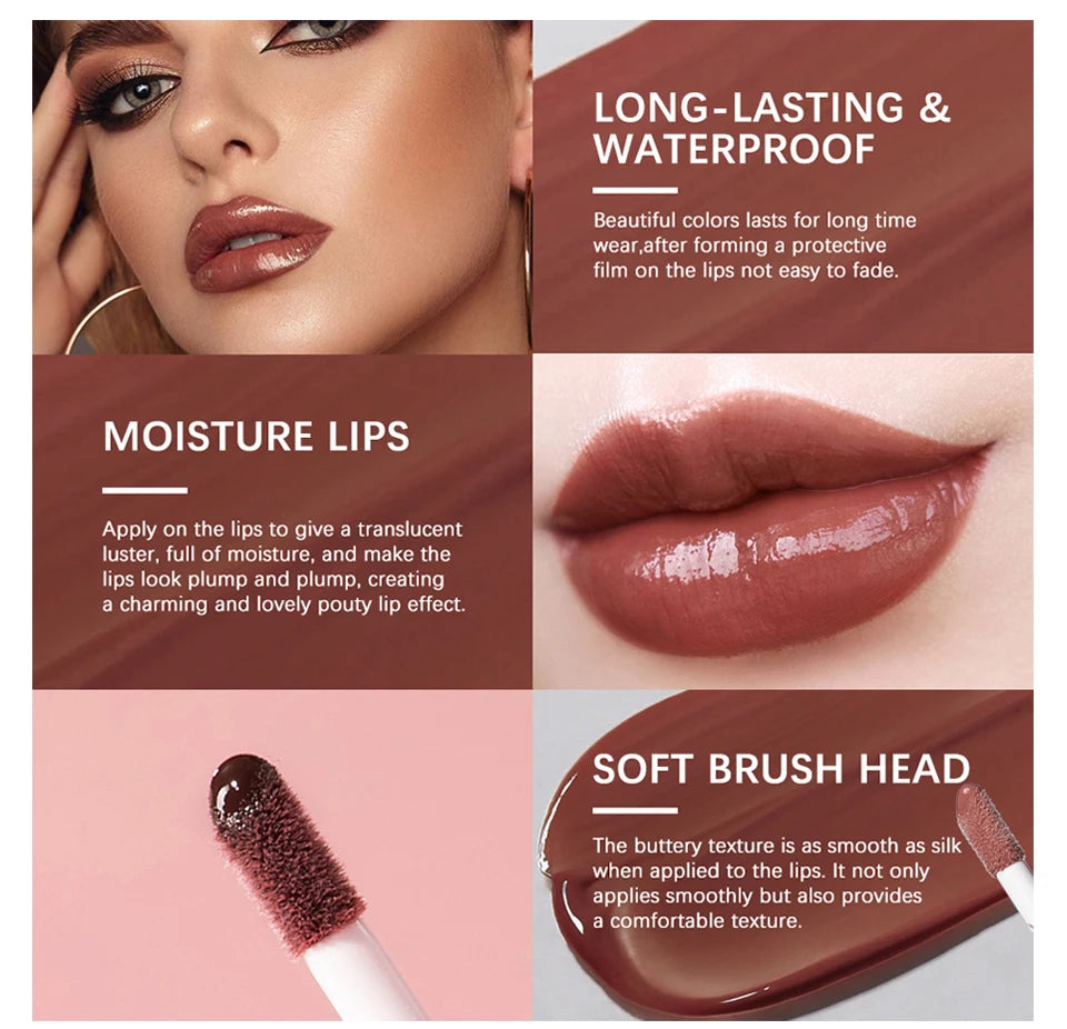 Moisturizing non-stick lip gloss with a buttery, high-shine finish in a rich, long-lasting brown shade.