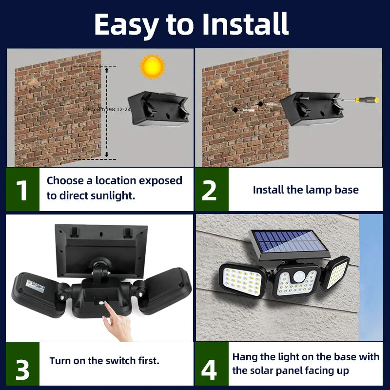3 Head Solar Motion Sensor Outdoor Wall Light Adjustable Waterproof Solar Powered Security Lamp Garden Patio Pathway Spotlights