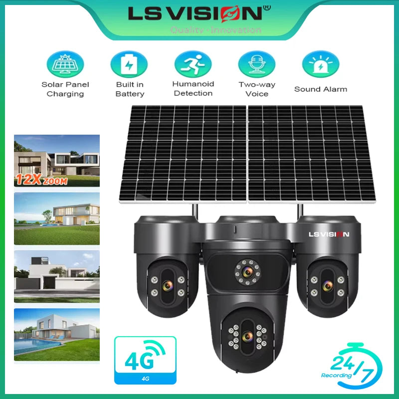 LS VISION Four Screens Camera Outdoor House Surveillance Cameras  4G SIM Wireless Camera Humanoid Automatic Tracking Ai Zoom