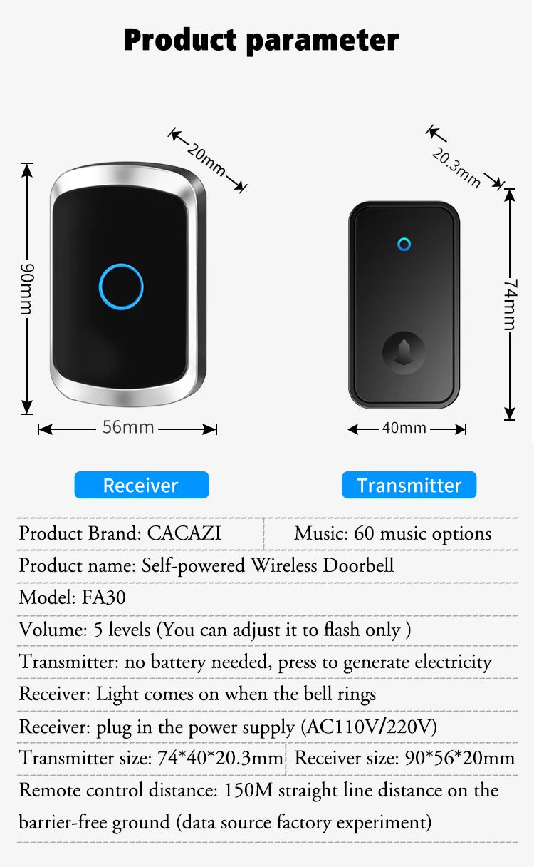 Self Powered Waterproof Wireless Doorbell Smart Home Without Battery Doorbell With Ringtone 150M Remote Receiver Bell
