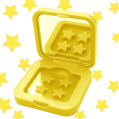 Yellow mirror acne patch case with star-shaped hydrocolloid patches, open tray design