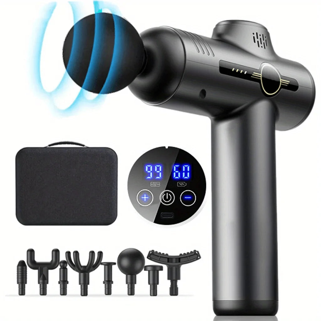 Dark grey handheld percussion massage gun with digital display, eight attachments, and a black carrying case.
