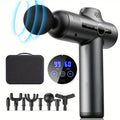 Dark grey handheld percussion massage gun with digital display, eight attachments, and a black carrying case.