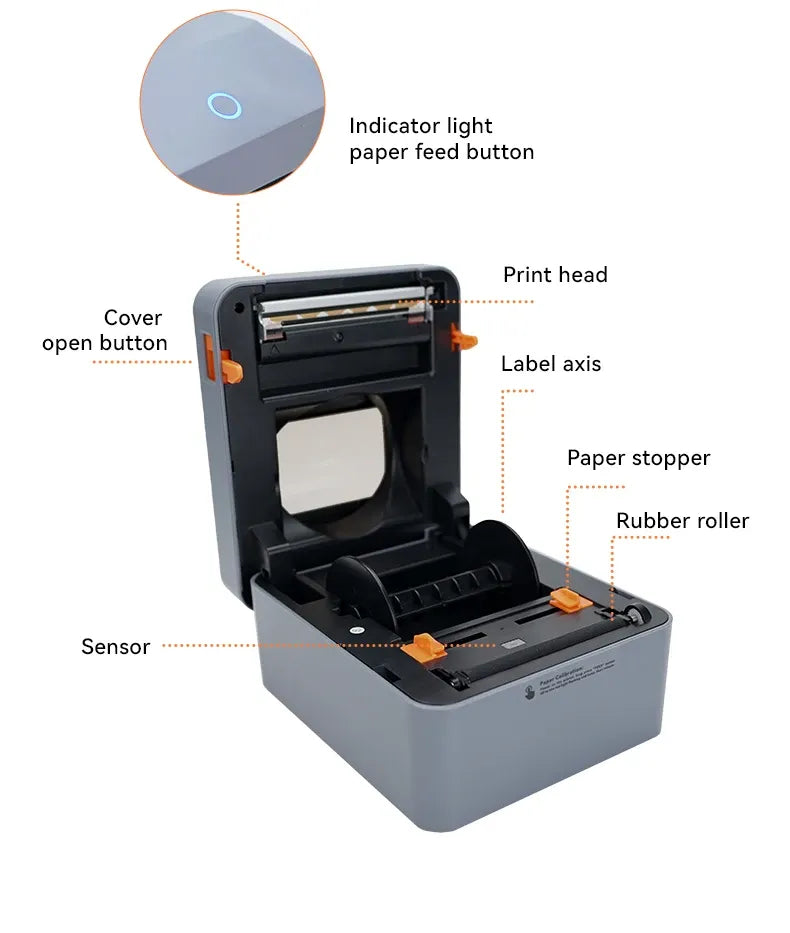4x6 thermal label printer open top showing feed components and rubber roller