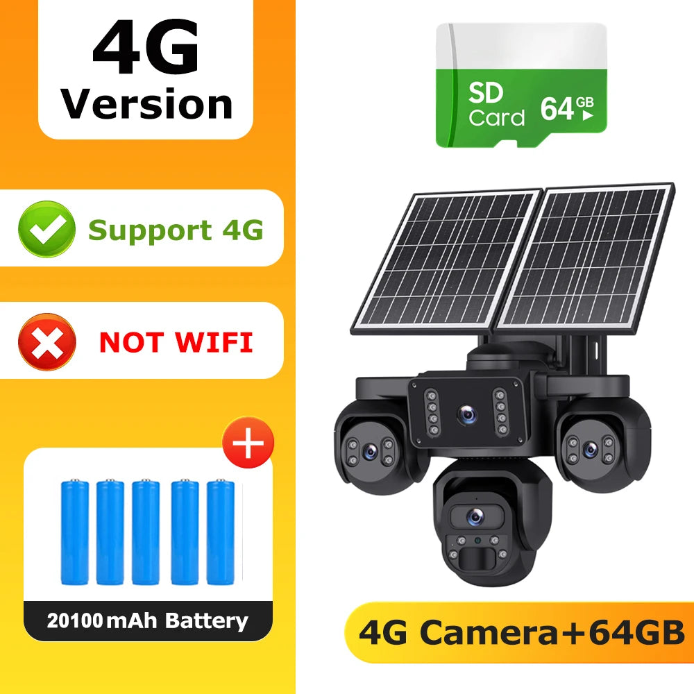 4G solar security camera with SD card 64GB and multi-lens turret housing