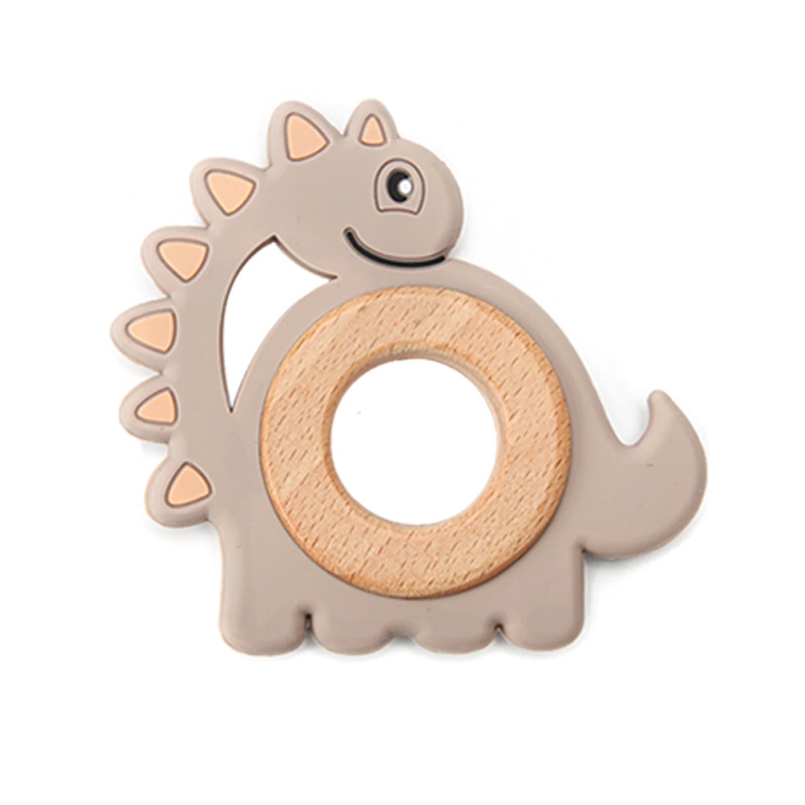 Beige silicone and natural wood dinosaur teething toy for baby teething relief.
