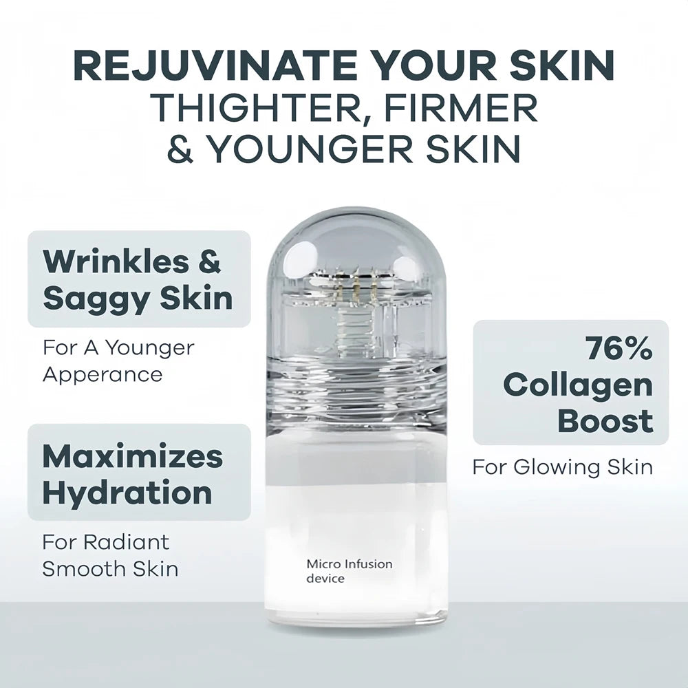 Small, clear, bullet-shaped micro-infusion device for skincare, displayed with promotional text about skin rejuvenation.