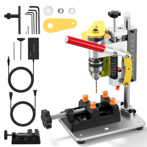 Benchtop mini electric drill press with yellow head and red handle, black base