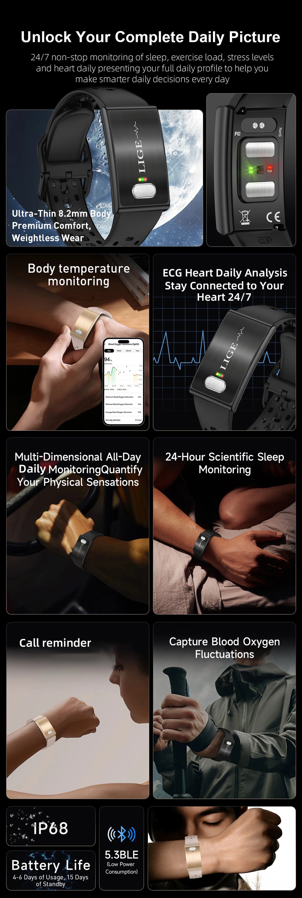 LIGE New ECG+PPG Smart Bracelet Heart Rate Health Monitoring Thermometer HPV Test Reports Waterproof Sports Tracker Smart Watch