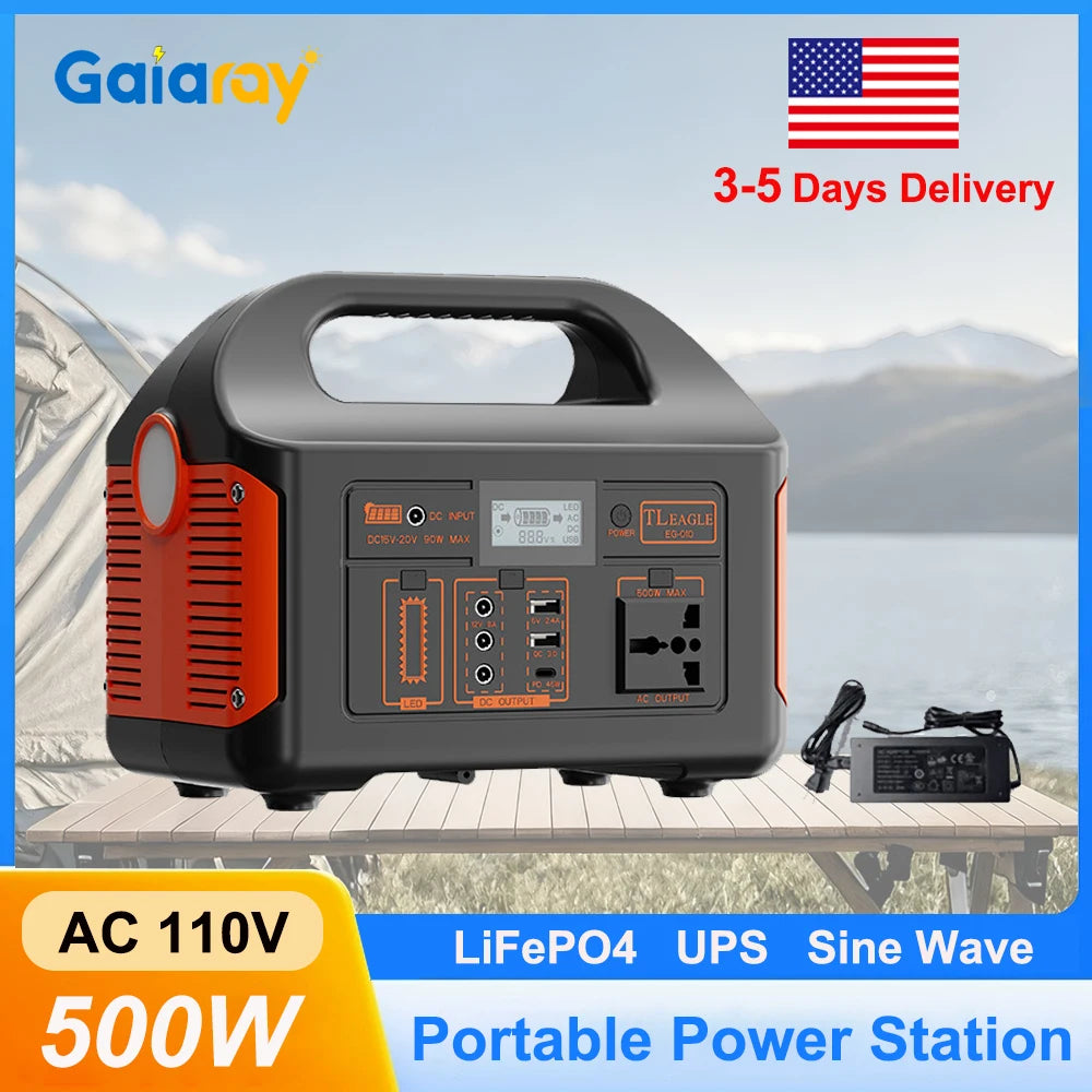 Gaiaray 500W 460Wh Portable Power Station LiFePO4 Battery UPS Backup Power Solar Generator Emergency Power Plant for Camping RV