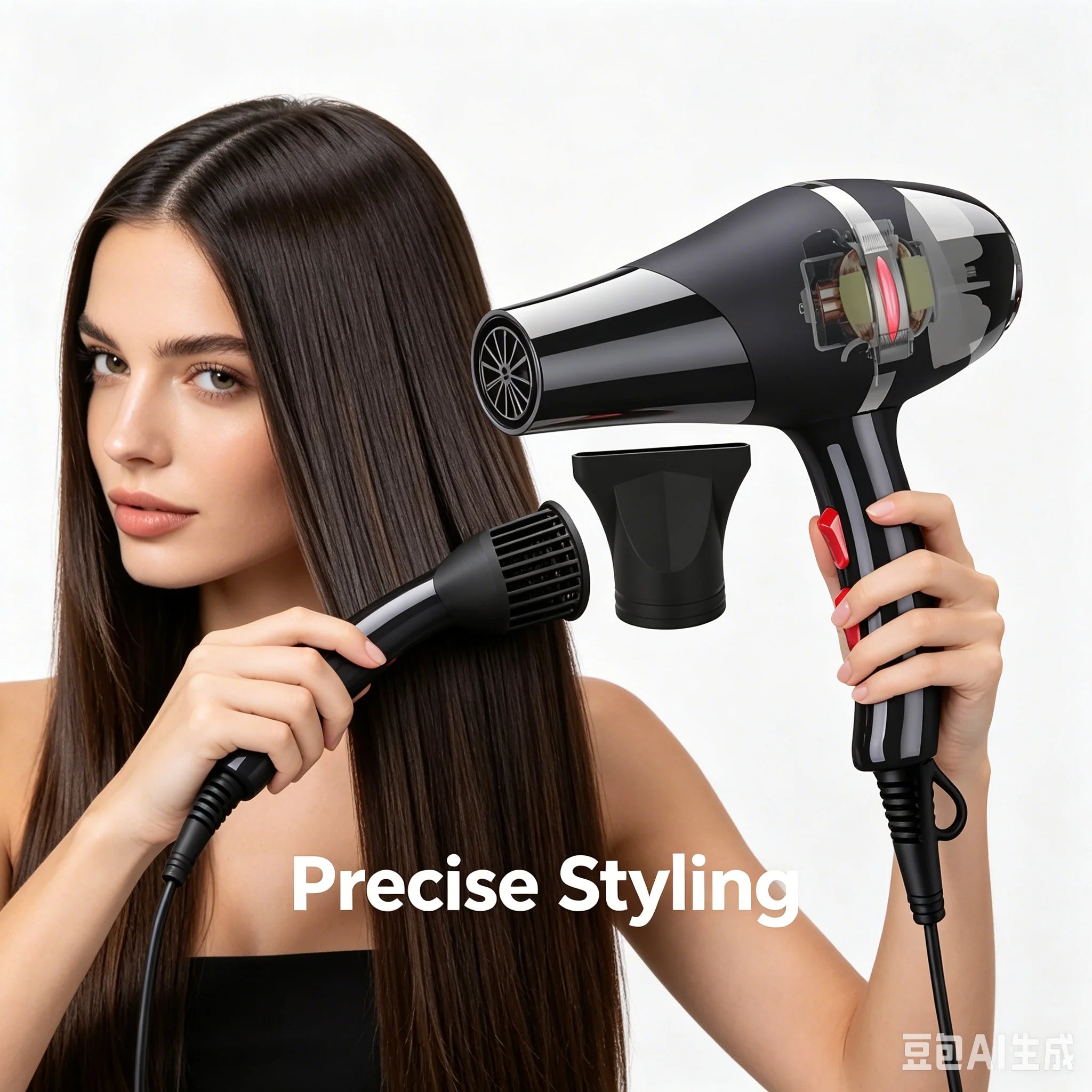 Black 2100W professional salon hair dryer with attachments, showing powerful motor and styling precision for sleek hair.