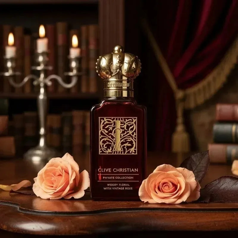 Clive Christian Amberwood 50ml perfume for women. Crown-cap bottle, woody floral scent with rose, jasmine, and amber.